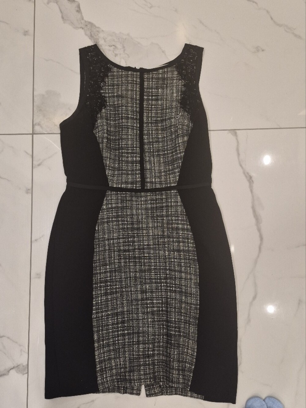 LOFT Black and White Tweed-Panel Midi Dress